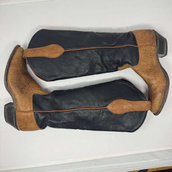 Tony Lama Brown Tan Black Leather Two Tone Tall Cowboy Boots US Size 5.5 - Picture 4 of 7